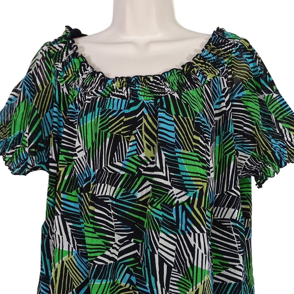 East 5th Geometric Print Smocked Blouse Women Size 1X Short Sleeve Work Casual - Picture 2 of 6